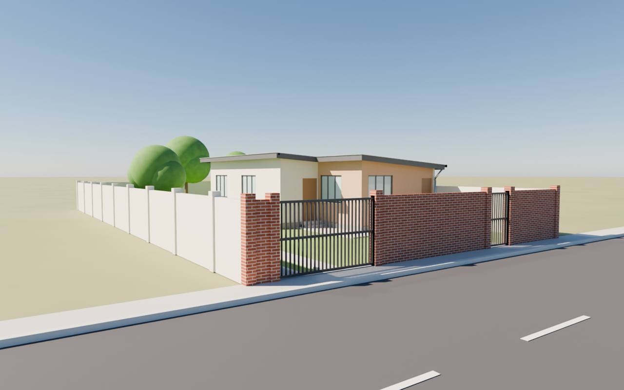 Vivienda con muro de ladrillo visto y portón metálico, vista desde la calle